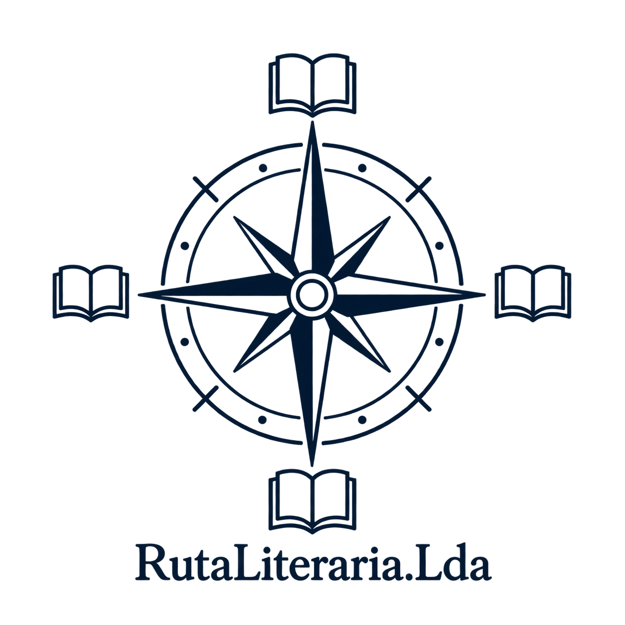Símbolo da RutaLiteraria: uma rosa dos ventos rodeada por livros abertos